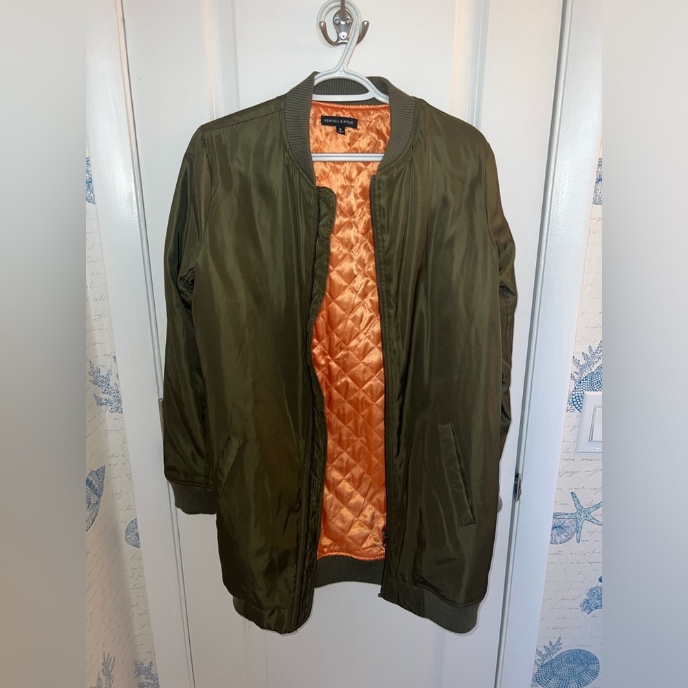 Olive Green Bomber Jacket with Orange Lining